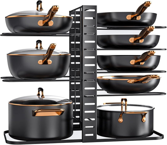 Pots and Pans Organizer Rack under Cabinet 14.55In Height, 8-Tier Kitchen Cabinet Organizers and Storage, Light-Duty Adjustable Pot Racks, Pan Organizers inside Cabinet with 3 DIY Methods