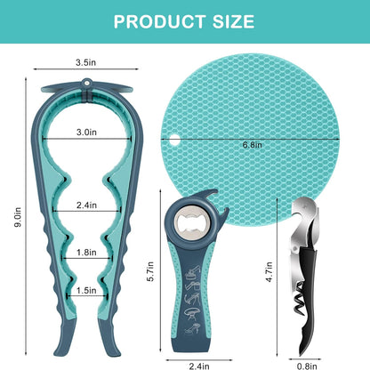 Jar Opener for Weak Hands, Seniors with Arthritis, 5 in 1 Multi Function Bottle Opener Lid Opener for Arthritic Hands with Non Slip Rubber Jar Opener Gripper Pad and Corkscrew Wine Opener(Blue)