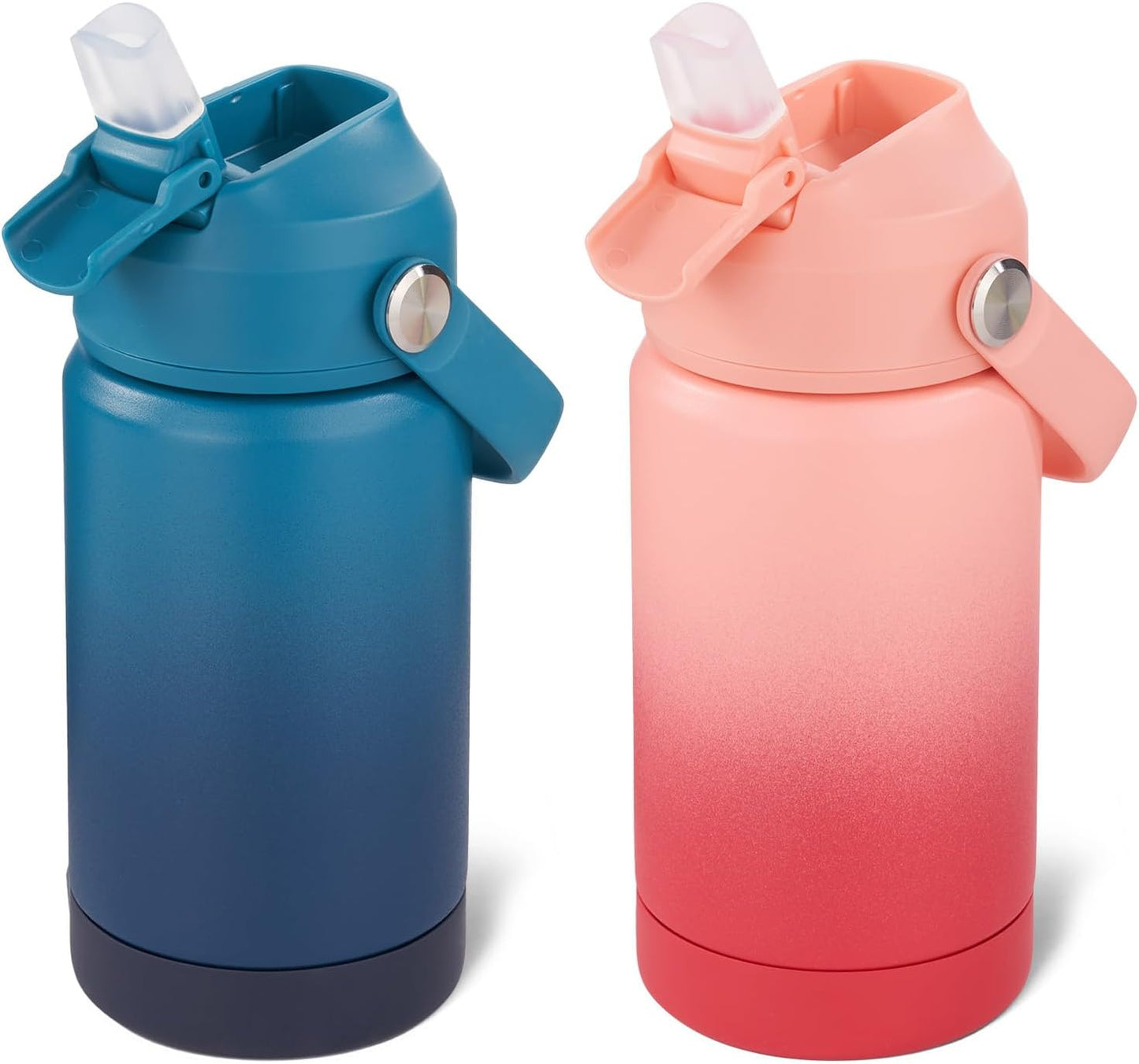 12 Oz Water Bottle, 2 Pack Kids Water Bottles for School, Toddler Water Bottle with Straw & Handle, 304 Stainless Steel Insulated Water Bottle, BPA Free, Gradient Blue+Gradient Red