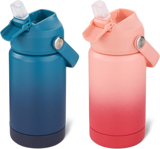 12 Oz Water Bottle, 2 Pack Kids Water Bottles for School, Toddler Water Bottle with Straw & Handle, 304 Stainless Steel Insulated Water Bottle, BPA Free, Gradient Blue+Gradient Red