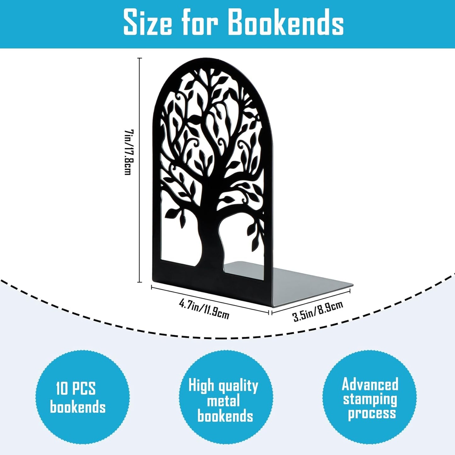Book Ends, Metal Bookends for Shelves, Modern Tree Book Ends Decorative, Heavy Duty Book Holders Book Stoppers for Home Office Decor, 6.9"X4.7"X3.5" (5 Pairs/10 Pcs)