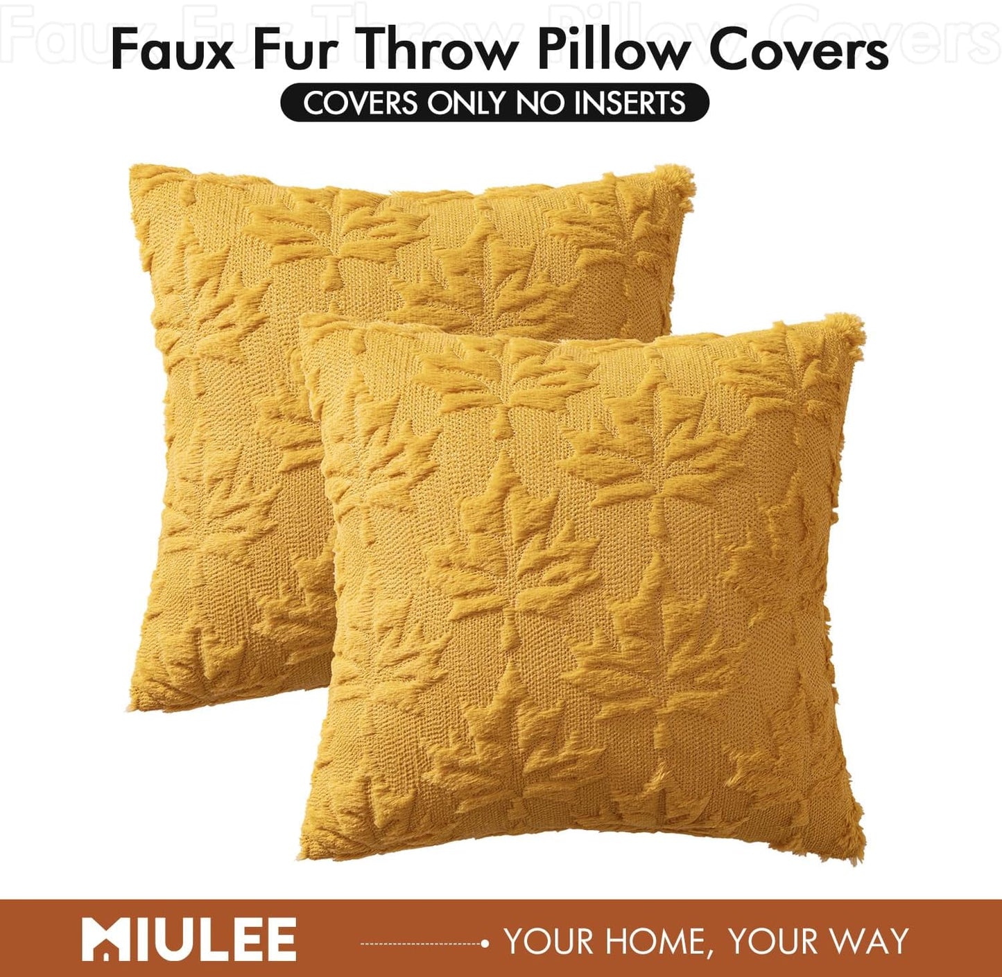 Mustard Yellow Fall Throw Pillow Covers 20x20 - Set of 2 Decorative Hollow Maple Leaf Accent Pillows in Soft Plush Faux Wool for Autumn Home Decor and Holiday Bedroom Use