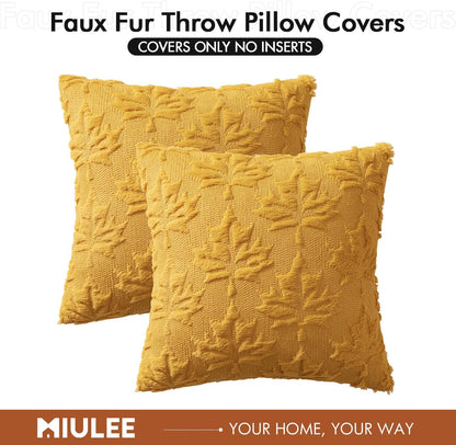 Mustard Yellow Fall Throw Pillow Covers 20x20 - Set of 2 Decorative Hollow Maple Leaf Accent Pillows in Soft Plush Faux Wool for Autumn Home Decor and Holiday Bedroom Use