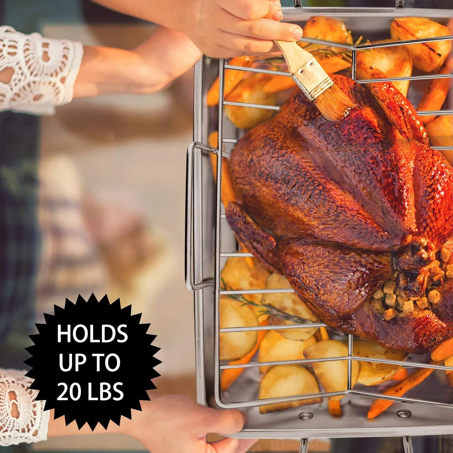 16" Roaster Roasting Pan with Baking Rack and V-Shaped Rack, Stainless Steel Rectangular Lasagna Pan with Handles for Turkey Chicken, Healthy & Dishwasher Safe, 3 Pieces, Silver