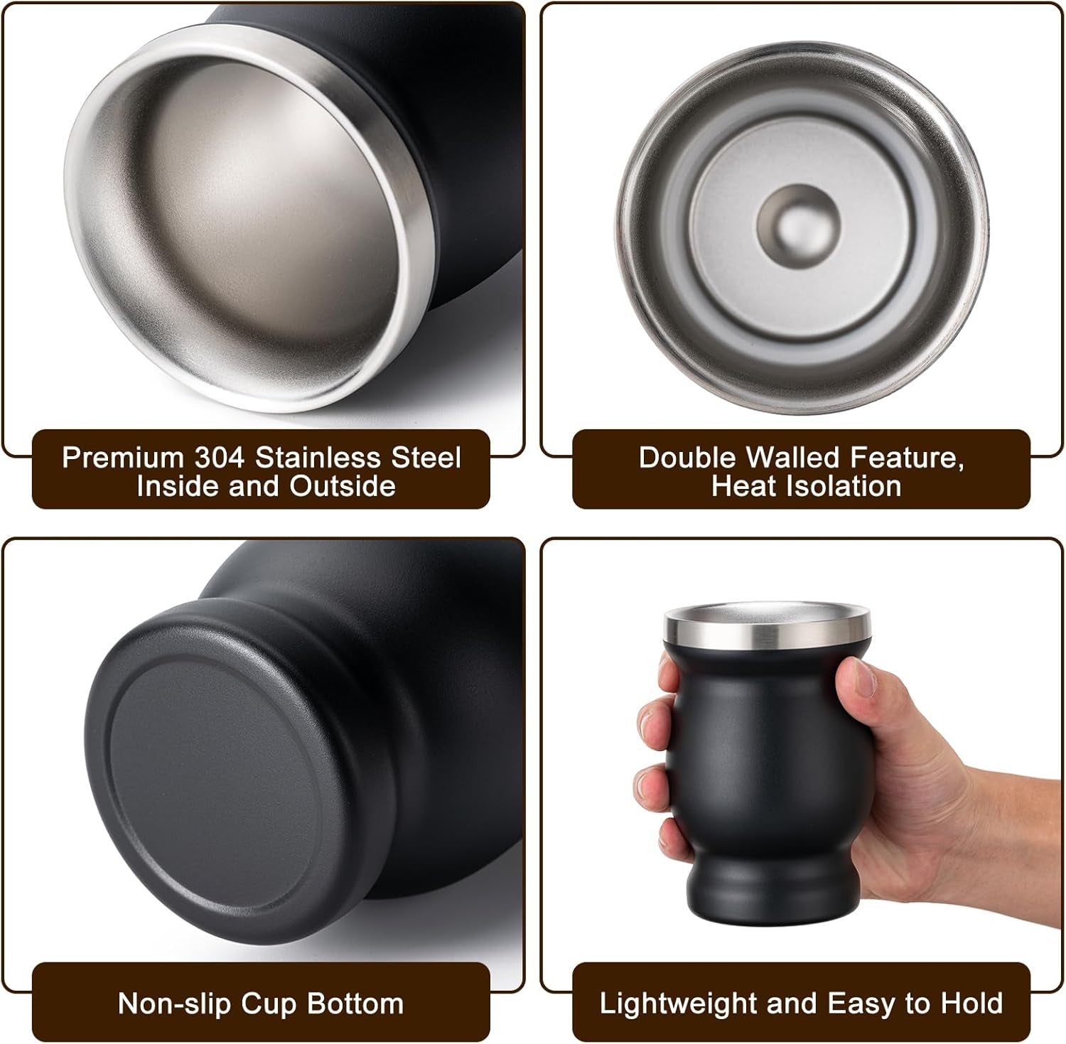 8Oz Yerba Mate Cup, 304 Stainless Steel Double-Wall Mate Cup, Heat Insulation Yerba Mate Gourd, Tea Cup Set Includes Cleaning Brush & 2 Bombillas (Black)