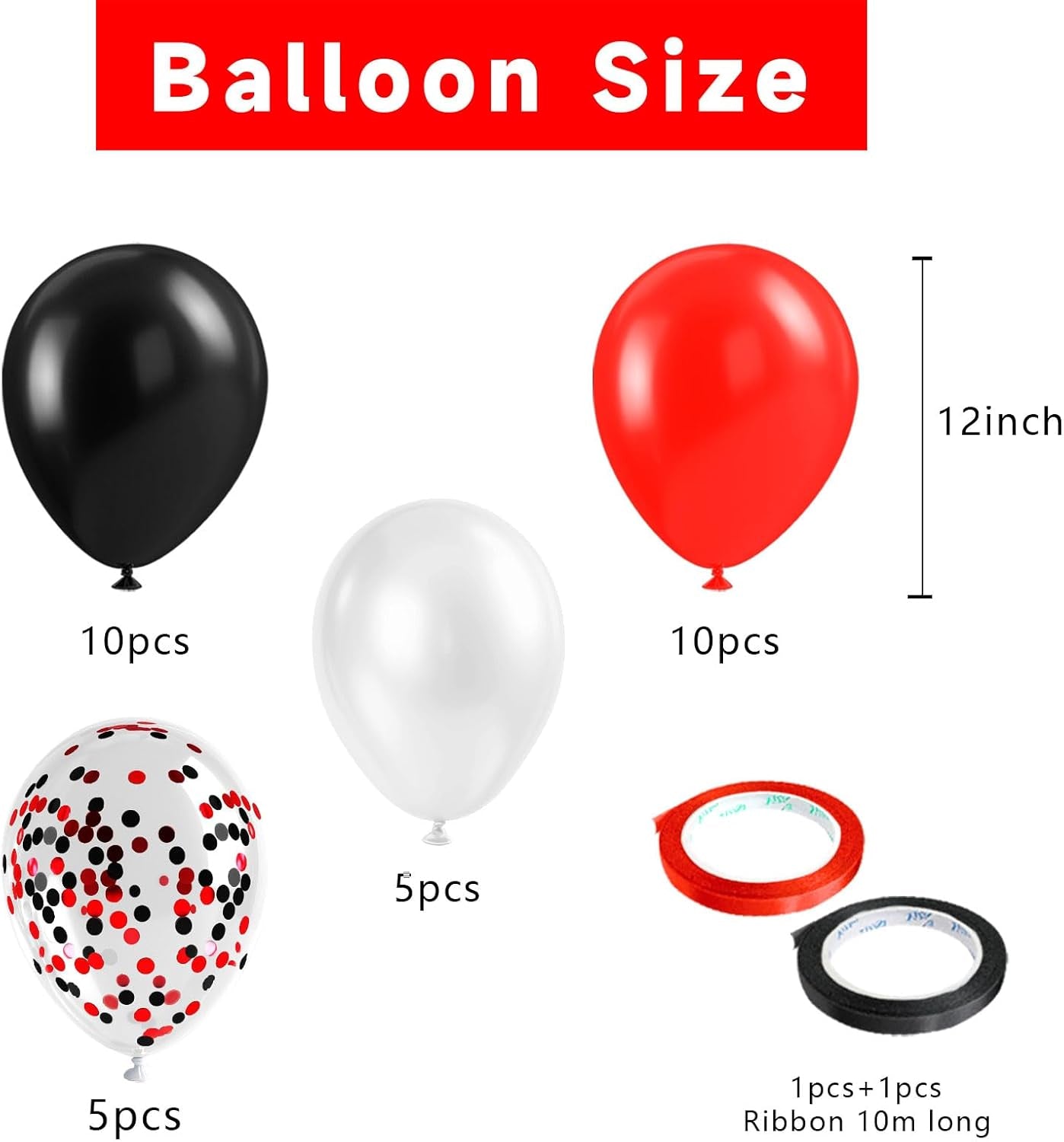 Red White and Black Balloons 12 Inch Black Red Confetti Party Decoration Balloons with Ribbons for Birthday, Wedding, Baby Shower, Anniversary, Casino Theme, Graduation Party Supplies