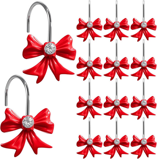 12Pcs Red Bow Shower Curtain Hooks Set, Kawaii Bow Resin Hooks for Red Bathroom Decor, Christmas, Coquette Bedroom, Girly Nursery, Cute Home Accessories