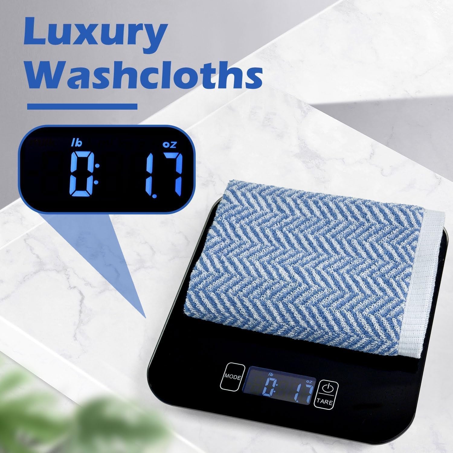 Wash Cloths for Your Face and Body, 12 Washcloths for Showering with Decorative Herringbone Stripes, 100% Cotton, Light Blue, 13 X 13 Inches