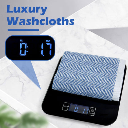 Wash Cloths for Your Face and Body, 12 Washcloths for Showering with Decorative Herringbone Stripes, 100% Cotton, Light Blue, 13 X 13 Inches