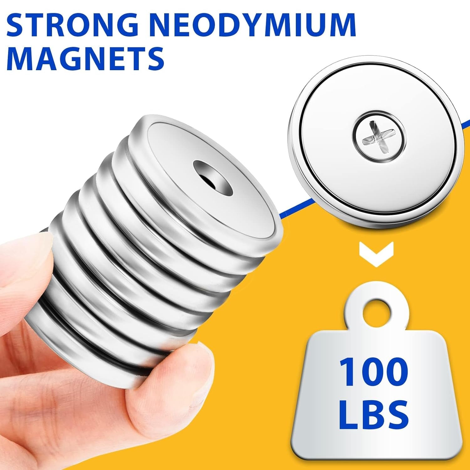 8-Pack Neodymium Cup Magnets with 100 LBS Pull Force, Countersunk Hole, Industrial Strength, 1.26" Diameter x 0.2" Height, Screws Included