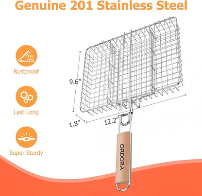 Grill Basket, Fish Grill Basket, Rustproof Stainless Steel BBQ Grilling Basket for Meat,Steak Etc, Grill Accessories,Grilling Gifts for Men Dad