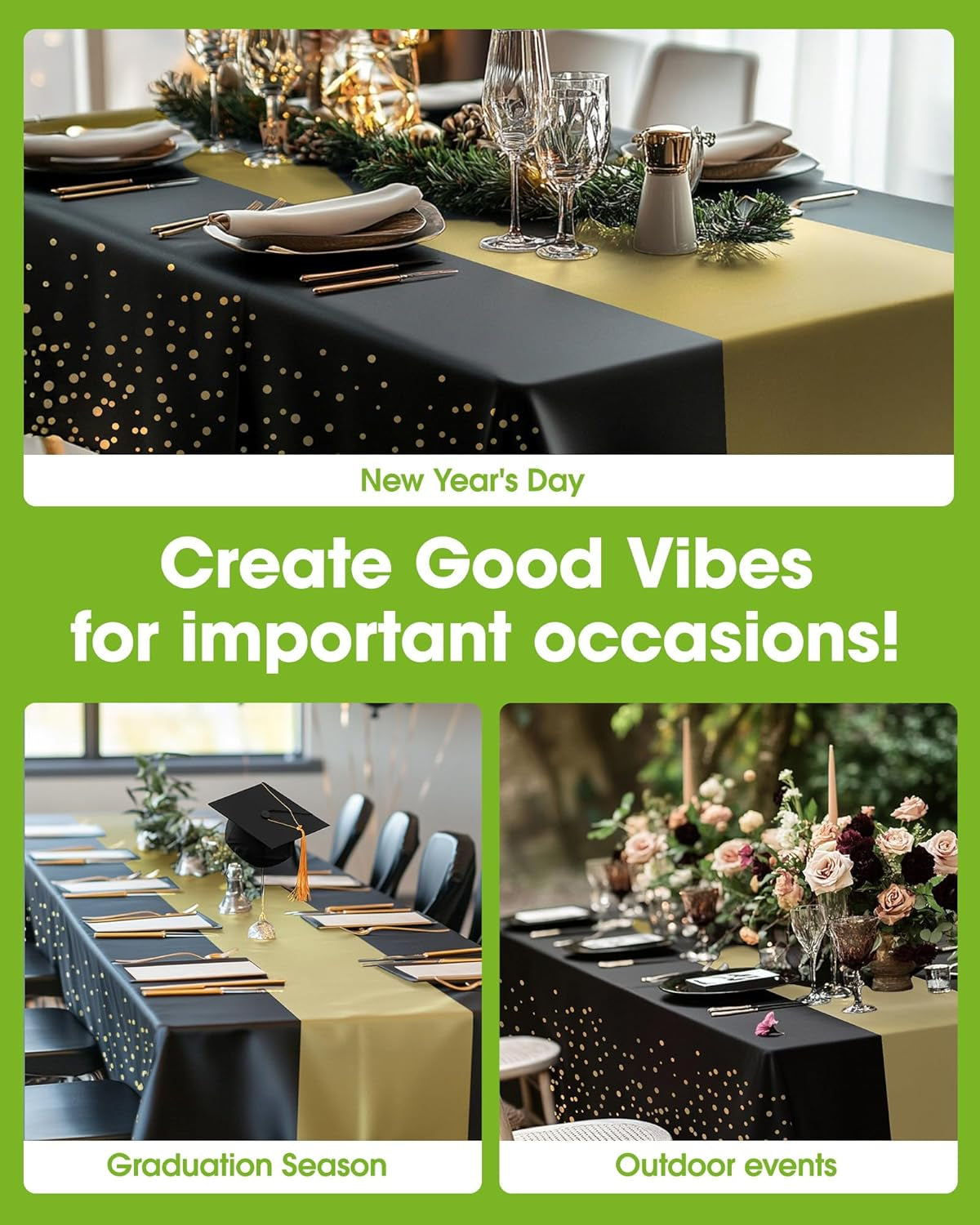 Plastic Table Cloth Disposable 8 Pack, 54 X 108 Inch, Table Runner Style, Graduation Decorations 2025, Party Tablecloths, Rectangle, Plastic Cover, Leakproof & Sturdy, Black Gold
