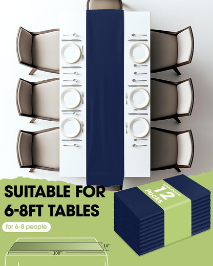 Navy Blue Plastic Table Runners - 12 Pack, 14'' X 108'', Water Resistant & Disposable Centerpiece Decorations for Table Cloth, Wedding, Birthday, Holiday, Baby Shower, Party, Home Decor