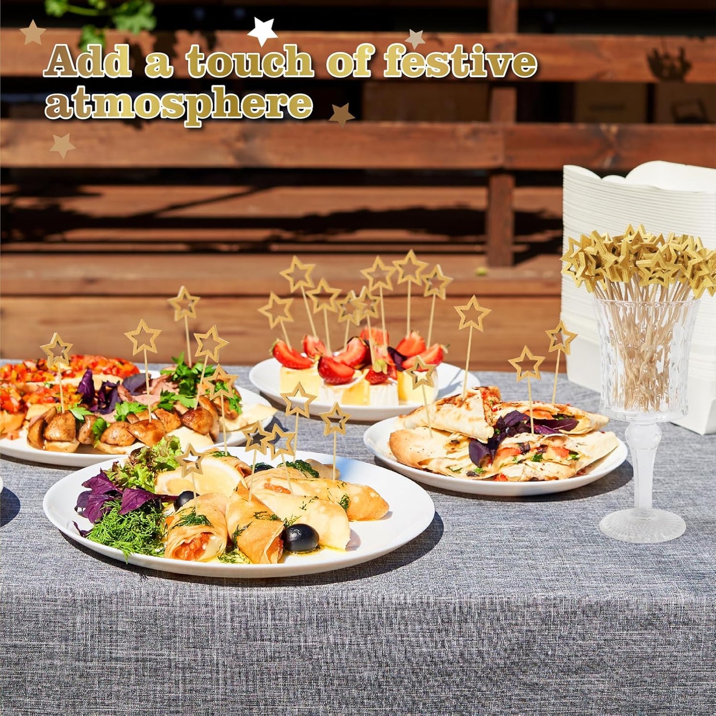 100PCS Gold Star Cocktail Picks, Decorative Fancy Toothpicks for Appetizers, 5.6 in Long Bamboo Skewers Wood Food Sticks for Drinks Fruit Garnish Holiday Party Supplies Charcuterie Boards Accessories