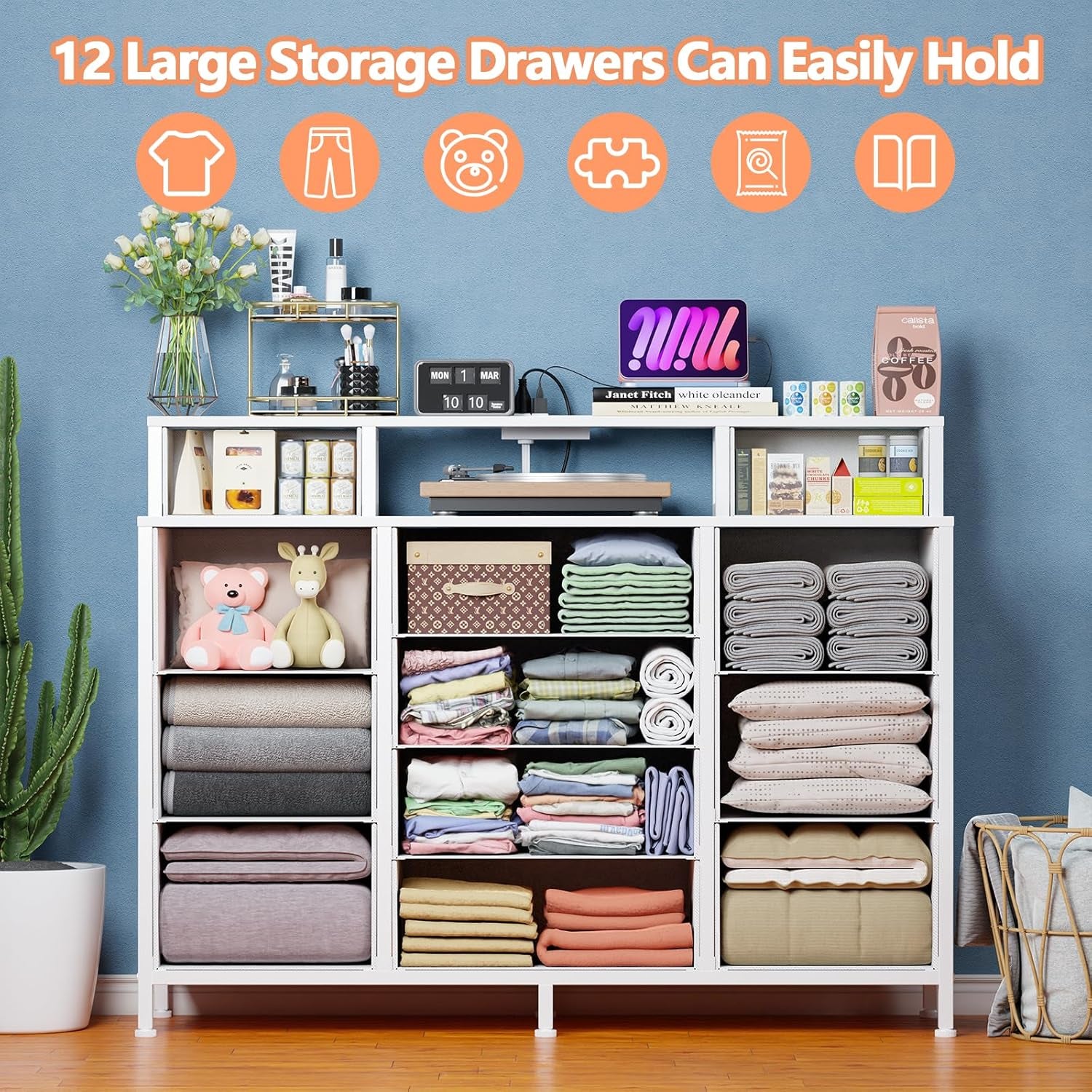 White Bedroom Dresser with LED Lighting and Charging Station, 47" Wide Chest Featuring 12 Fabric Storage Drawers, Versatile Vanity Furniture for Closet and Entryway, Includes 2 Shelves and Metal Frame