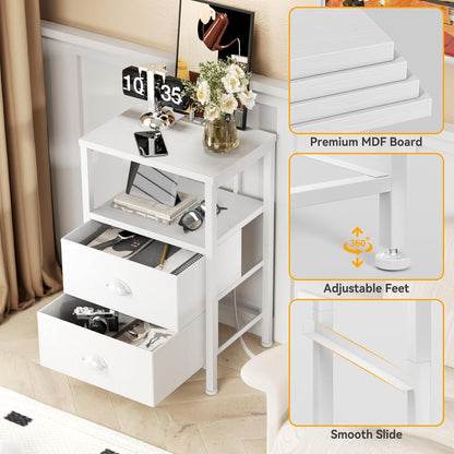 Nightstands Set of 2, End Tables Set of 2 with Charging Station and LED Lights, White Night Stands with 2 Fabric Drawers, Bedside Tables for Living Room/Bedroom
