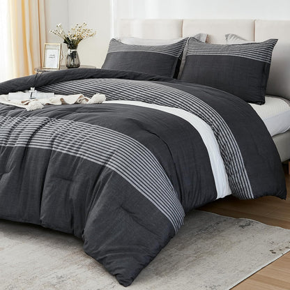 Full Size Comforter Sets Black White Grey - 3 Pieces Lightweight Bedding Set, All Season down Alternative Comforter (1 Comforter, 2 Pillowcases)