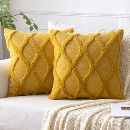 Spring Decorative Throw Pillow Covers Mustard Yellow 18X18 Inch Set of 2, Soft Plush Faux Wool Couch Cushion Covers Farmhouse Throw Pillows for Couch Bed Sofa Living Room