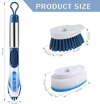 Dish Brush with Soap Dispenser Dish Scrubber with 4 Replaceable Heads Kitchen Dish Scrub Brush with Stainless Steel Handle Dish Cleaning Brush Dish Wand for Dishes, Pots…