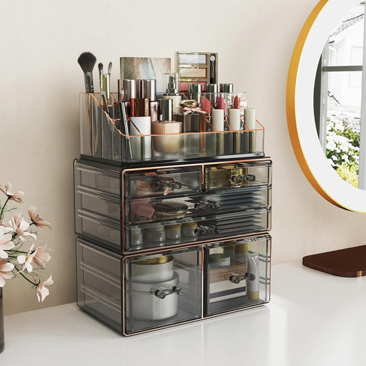 3-Tier 6-Drawer Makeup Organizer Countertop Cosmetic Organizer for Dresser and Vanity | Bathroom Organizers and Storage for Lipstick Brush Skincare Perfume, Nail Polish (Black + Gilded Borders)
