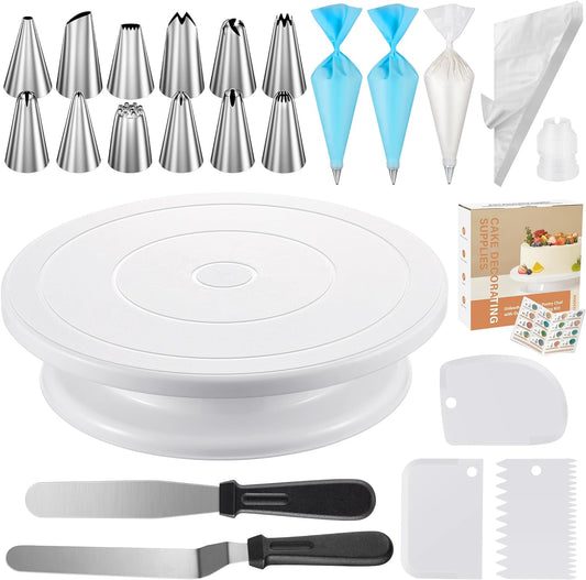 71Pcs Cake Decorating Kit, Baking Supplies Tools - Includes Cake Stand Turntable, 12 Icing Piping Tips, 2 Frosting Spatulas, 3 Scrapers, 50+2 Piping Bags, Coupler, Video Tutorial, Booklet