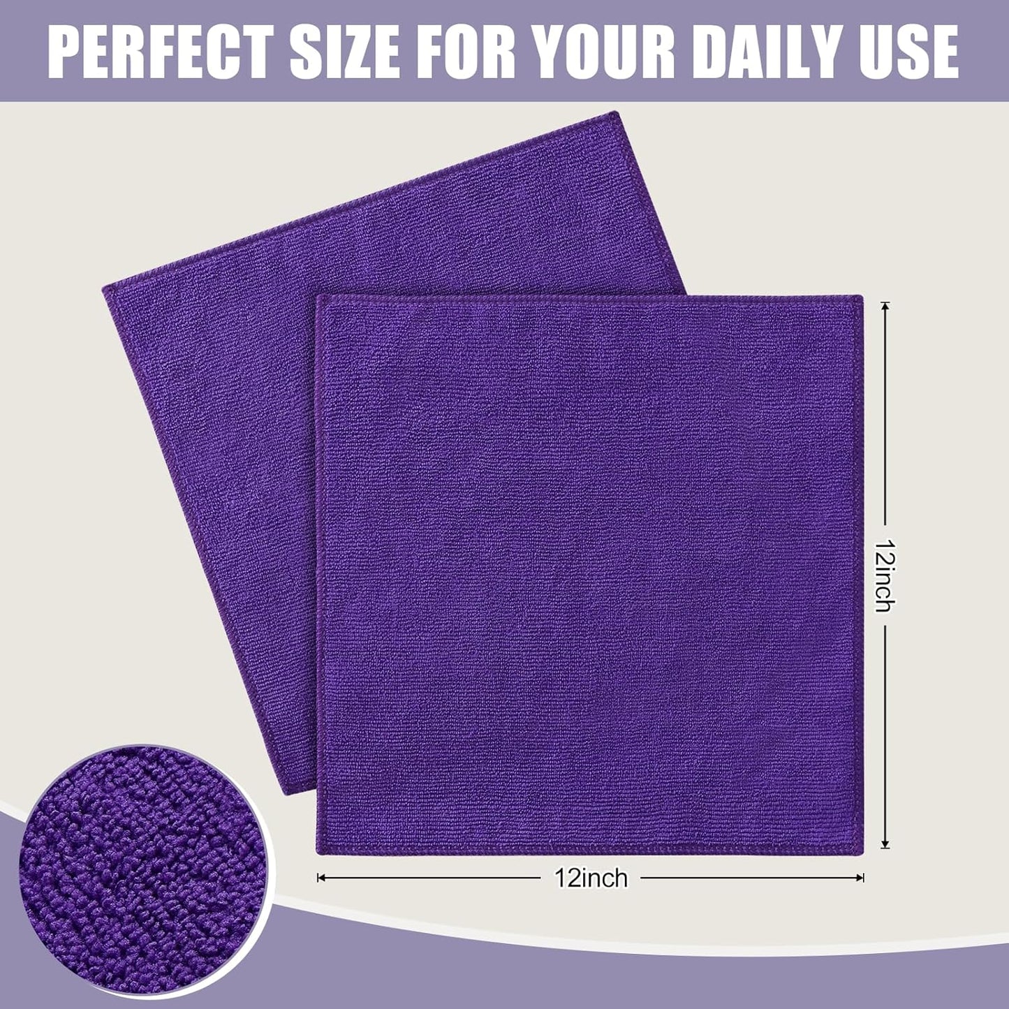 12 Pack Microfiber Cleaning Cloth(12 X 12 Inches, Purple), Ultra Soft and Absorbent Cleaning Rags, Reusable and Non-Linting Dust Removal Cleaning Cloths for Car, House, Kitchen