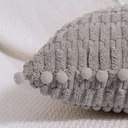 2 Packs Gray Farmhouse Decorative Throw Pillow Covers 18X18 Inch with Pom-Poms for Living Room Couch Bed Sofa, Rustic Boho Home Decor, Soft Striped Corduroy Square Cushion Case 45X45 Cm