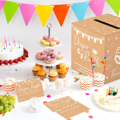 Brown Diaper Raffle Card Box for Baby Shower, 50 Pcs Diaper Raffle Tickets with Advice and Wishes, Gender Reveal Baby Shower Games, Party Decorations Supplies