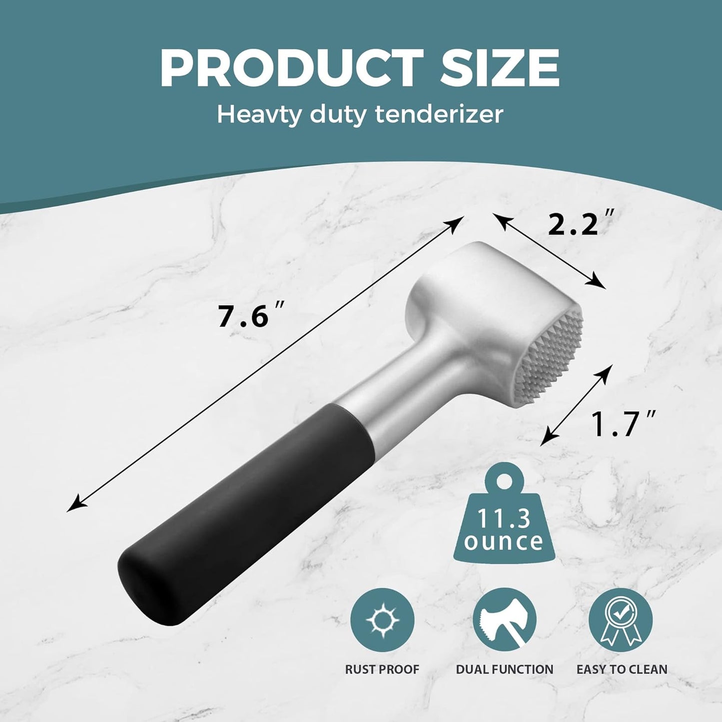 Meat Tenderizer Hammer with Comfortable-Grip Rubber Handle, Dual-Side Meat Mallet for Kitchen, Heavy Duty Meat Pounder Hammer for Tenderizing Steak, Beef and Fish - Black