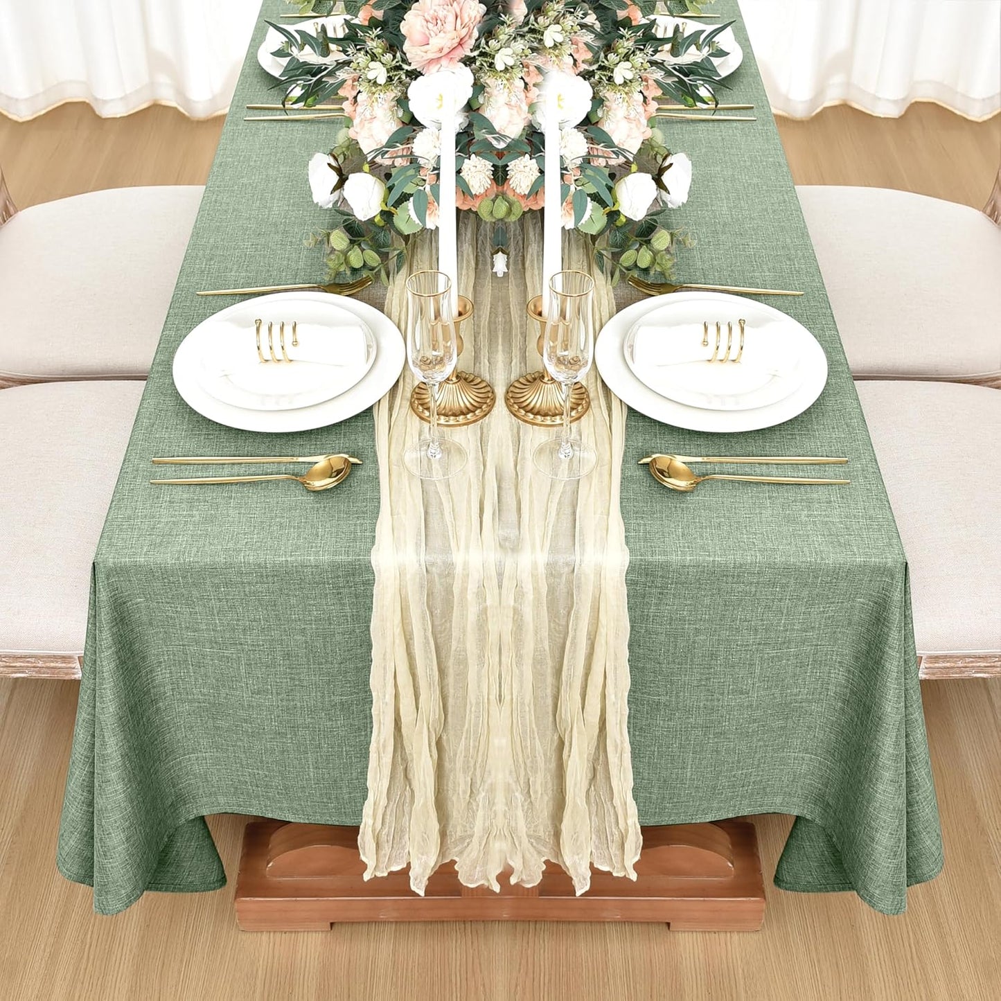 Faux Linen Tablecloths for Rectangular Tables: Water and Stain Resistant Farmhouse Table Covers, Washable Burlap Texture for Kitchen Dining and Parties (2 Pack, 52x70 Inches, Sage Green)