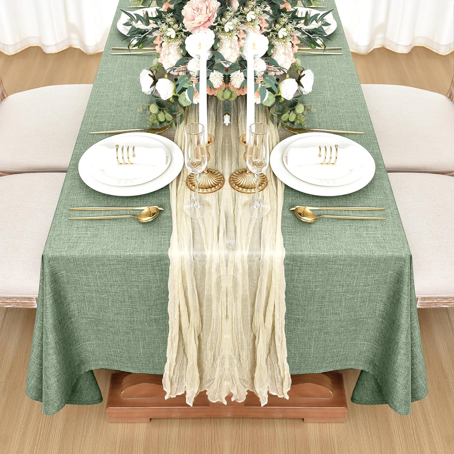 Faux Linen Tablecloths for Rectangular Tables: Water and Stain Resistant Farmhouse Table Covers, Washable Burlap Texture for Kitchen Dining and Parties (2 Pack, 52x70 Inches, Sage Green)