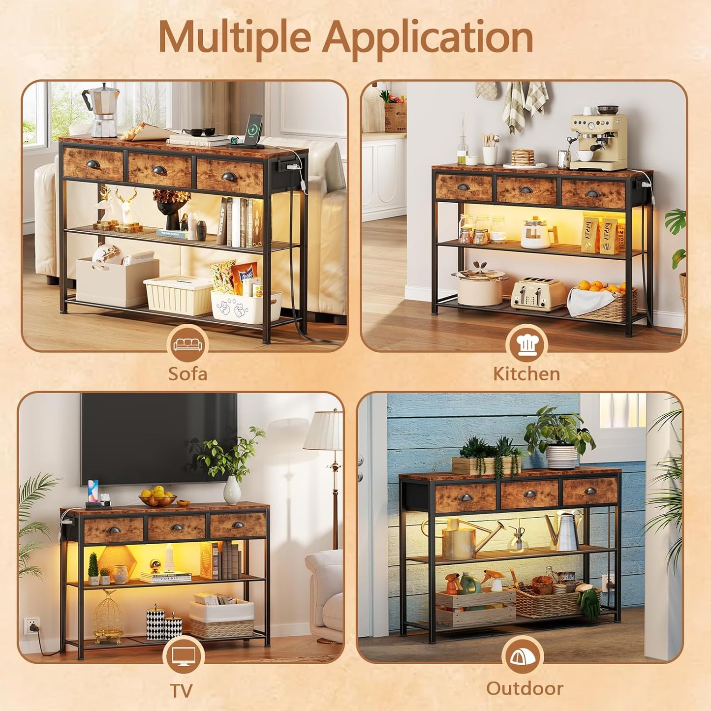 Console Table with Charging Station & 3 Fabric Drawers, 38'' Entryway Table with Storage Shelves and LED Light for Entry Way, Industrial Display Shelf for Hallway, Foyer, Rustic Brown