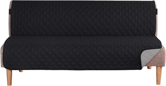 Reversible Futon Cover Water Repellent Armless Sofa Slipcover Washable Furniture Protector with Adjustable Elastic Strap Anti-Slip Futon Bed Cover for Dogs 70" Width Seat(Black/Grey)