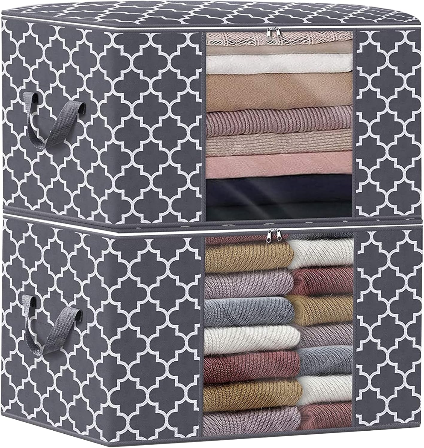 Storage Bags, Large Blanket Clothes Organization and Storage Containers for Bedding, Comforters, Foldable Organizer with Reinforced Handle, Clear Window,Sturdy Zippers,(Grey, 2 X 100L)