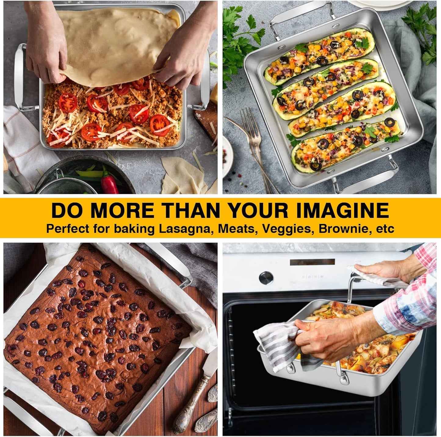 Beer Can Chicken Holder with Roasting Pan Set, 9-Inch Stainless Steel Square Baking Pan and Chicken Rack for Grilling, Heavy Duty & Dishwasher Safe, 2Pcs