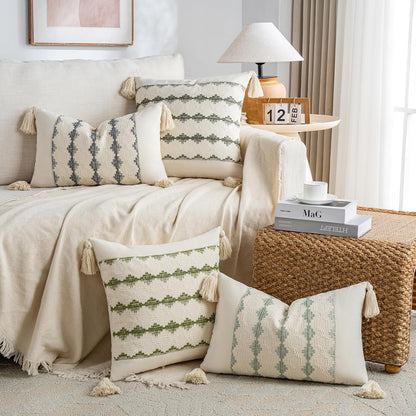 Set of 2 Boho Olive Green Lumbar Decorative Throw Pillow Cover 12X20 Inch for Couch Bed Sofa Chair, Modern Organic Farmhouse Home Decor, Soft Cute Accent Rectangle Cushion Case with Tassels