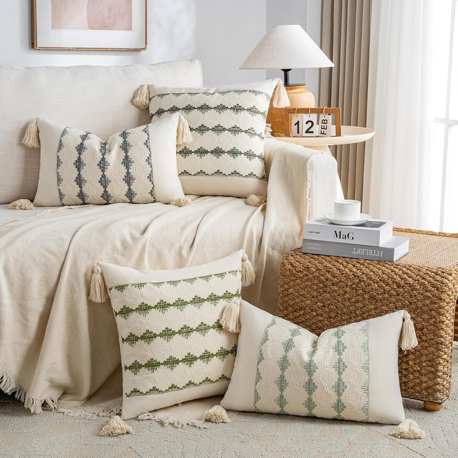 Set of 2 Boho Moss Green Lumbar Decorative Throw Pillow Cover 12X20 Inch for Couch Bed Sofa Chair, Modern Farmhouse Home Decor, Soft Cute Accent Rectangle Cushion Case with Tassels