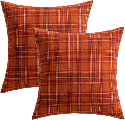 Set of 2 Scottish Tartan Plaid Throw Pillow Covers - Classic Farmhouse Decorative Outdoor Square Cushion Cases for Sofa and Couch, 18x18 Inch, Rust