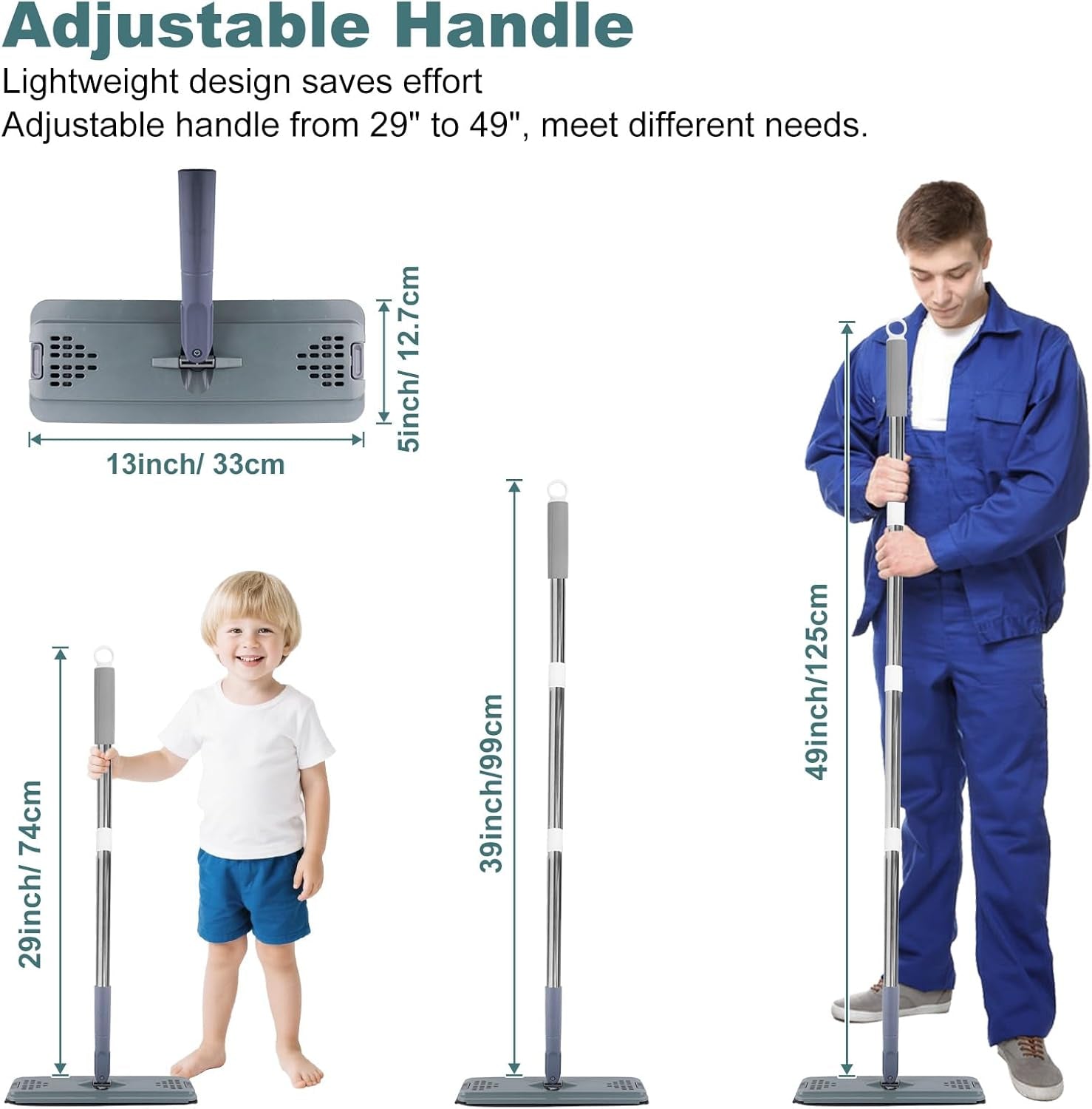 Flat Mop with 3 Pads, Microfiber Mops for Floor Cleaning Adjustable Handle 29-49, Dust Mop for Hardwood Floors, Wet Dry Use on Laminate Wood Tile Vinyl Wall Mopping Bathroom Kitchen Household Supplies