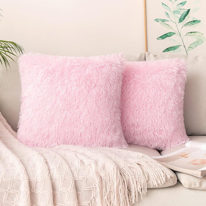 Pack of 2 Luxury Faux Fur Throw Pillow Cover Deluxe Spring Cute Valentine'S Day Pillow Covers Decorative Plush Pillow Case Cushion Cover Shell for Sofa Bedroom Car 18 X 18 Inch Pink