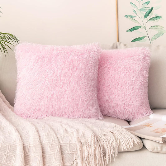 Pack of 2 Luxury Faux Fur Throw Pillow Cover Deluxe Spring Cute Valentine'S Day Pillow Covers Decorative Plush Pillow Case Cushion Cover Shell for Sofa Bedroom Car 18 X 18 Inch Pink