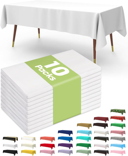 Plastic Table Cloth Disposable 10 Pack, 54 X 108 Inch Table Cloths, Party, Picnic, Wedding, Decorative Tablecloths, Rectangle, White Plastic Cover, Leakproof & Sturdy, White