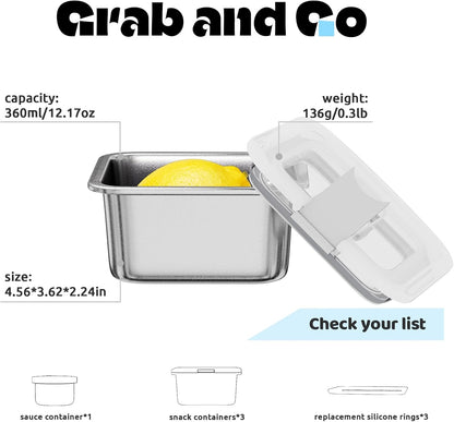 Stainless Steel Snack Box Containers for Kids, 3 Pack 12.8 Oz Leak-Proof Microwave-Safe Small Food Storage Container with Lid, Metal Compact Bento Lunch Box Container for School Travel