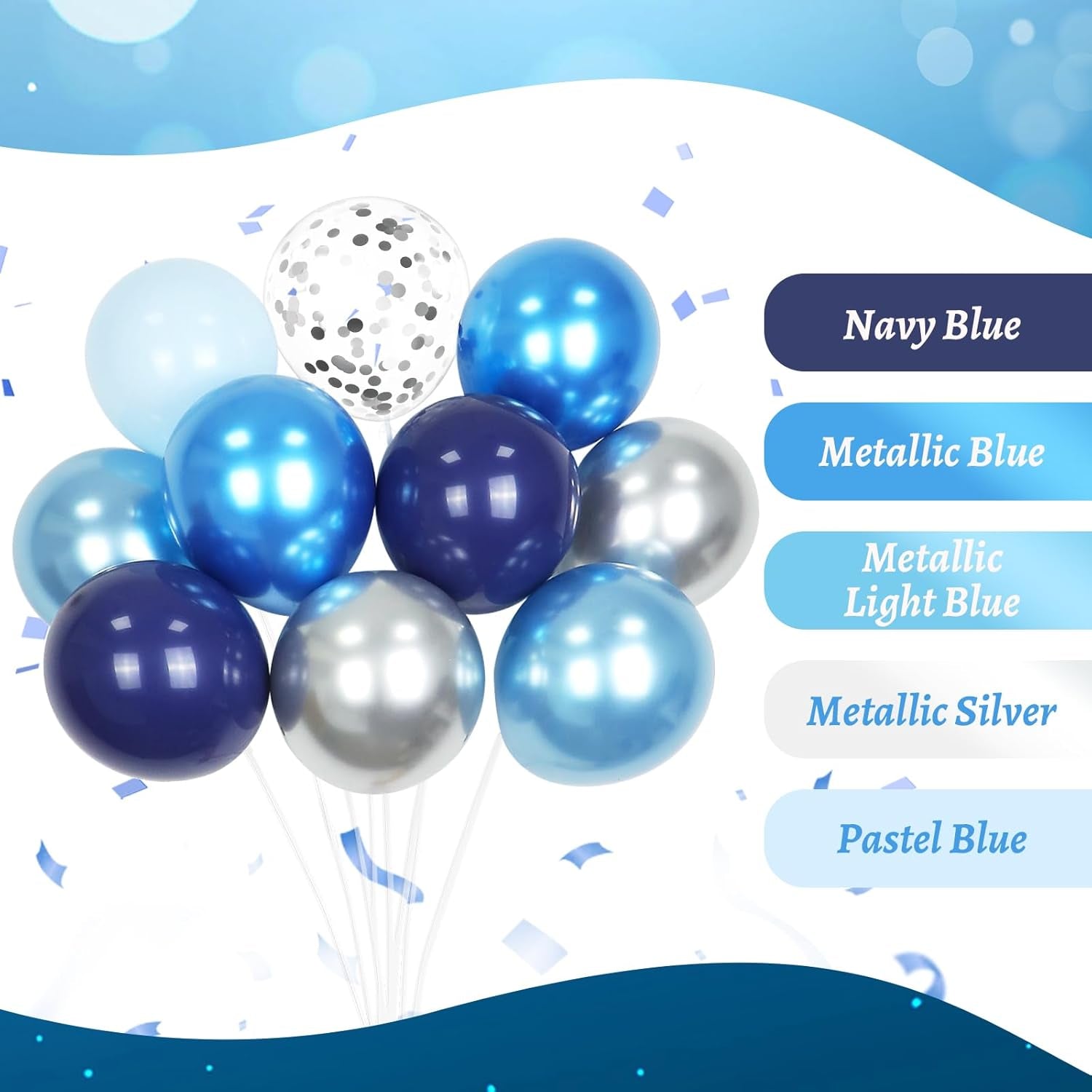 60Pcs Blue and Silver Balloons 12Inch with Navy Blue Pastel Blue Silver Confetti Balloons for Graduation Baby Shower Wedding Birthday Party Decorations