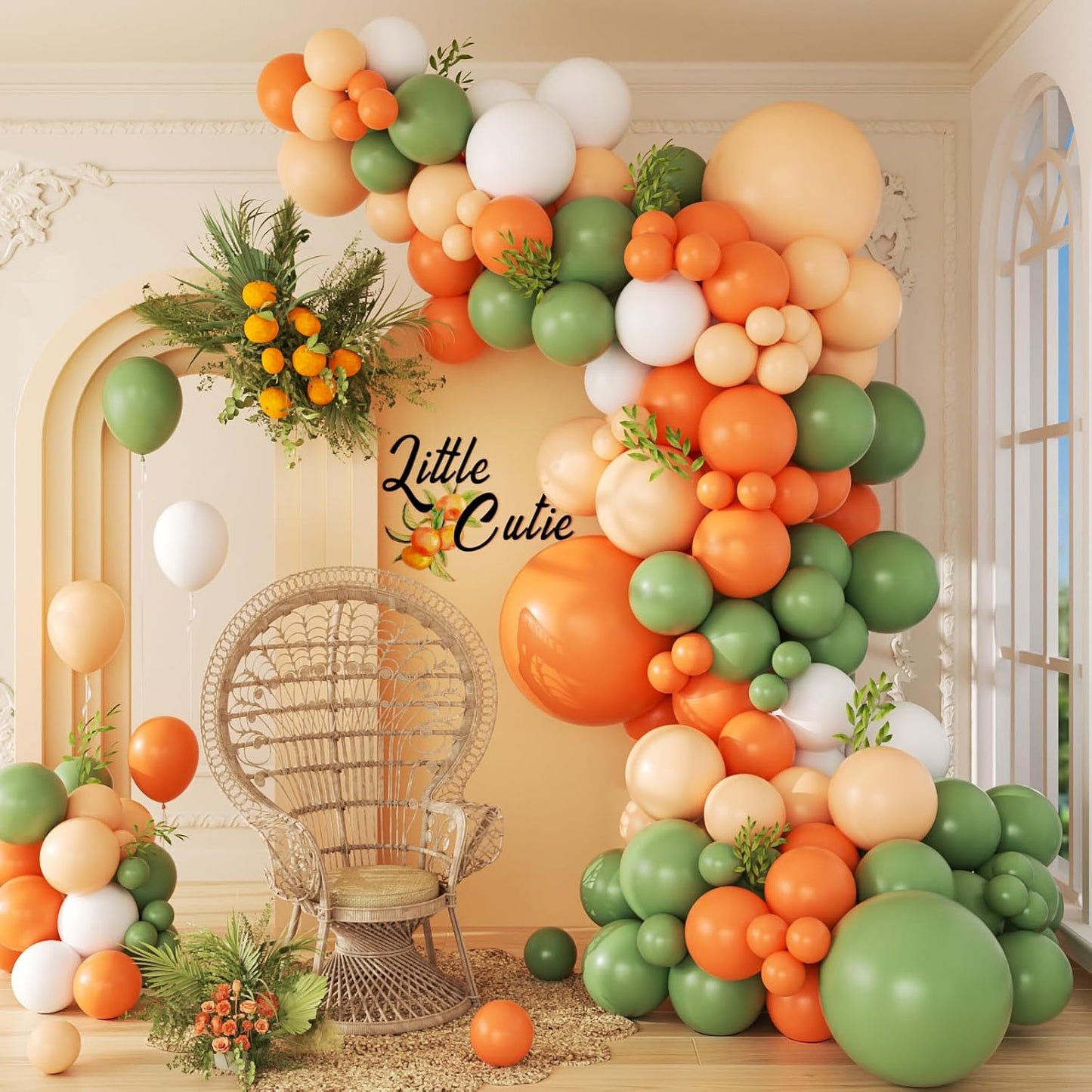 141Pcs Little Cutie Orange and White Balloon Arch Garland Kit with Sage Green Orange Nude Sand White Balloons for Birthday Party Little Cutie Baby Shower Decorations