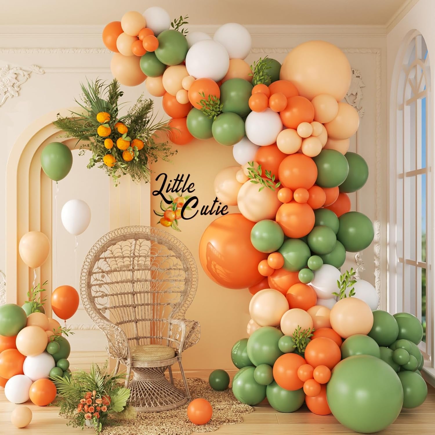 141Pcs Little Cutie Orange and White Balloon Arch Garland Kit with Sage Green Orange Nude Sand White Balloons for Birthday Party Little Cutie Baby Shower Decorations