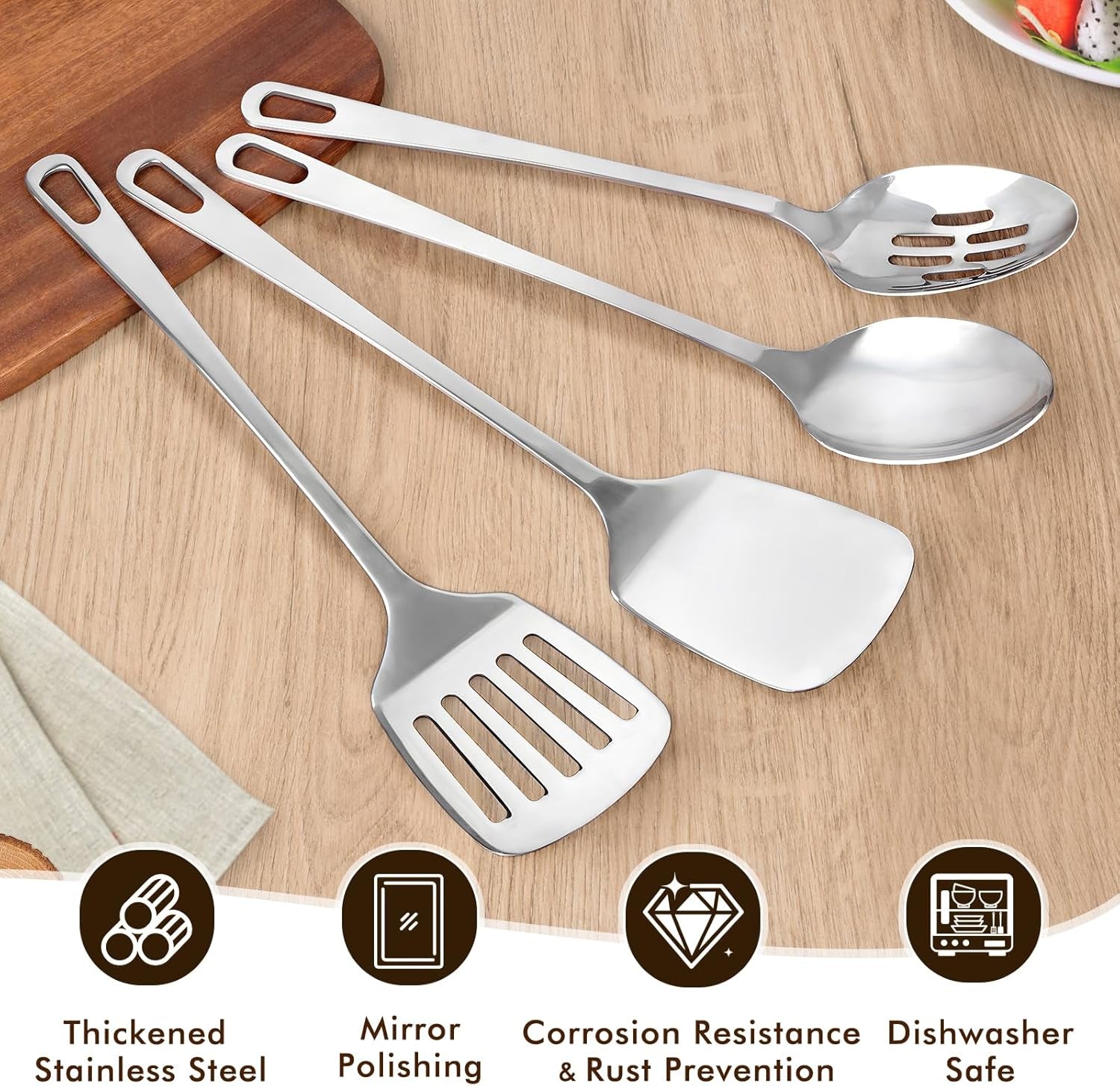 4 Pcs Cooking Utensils Set, Stainless Steel Kitchen Utensils, Heat Resistant Metal Kitchen Tools Include Solid & Slotted Turner Wok Spatula, Serving Spoon, Ergonomic Handle, Easy to Clean, Silver