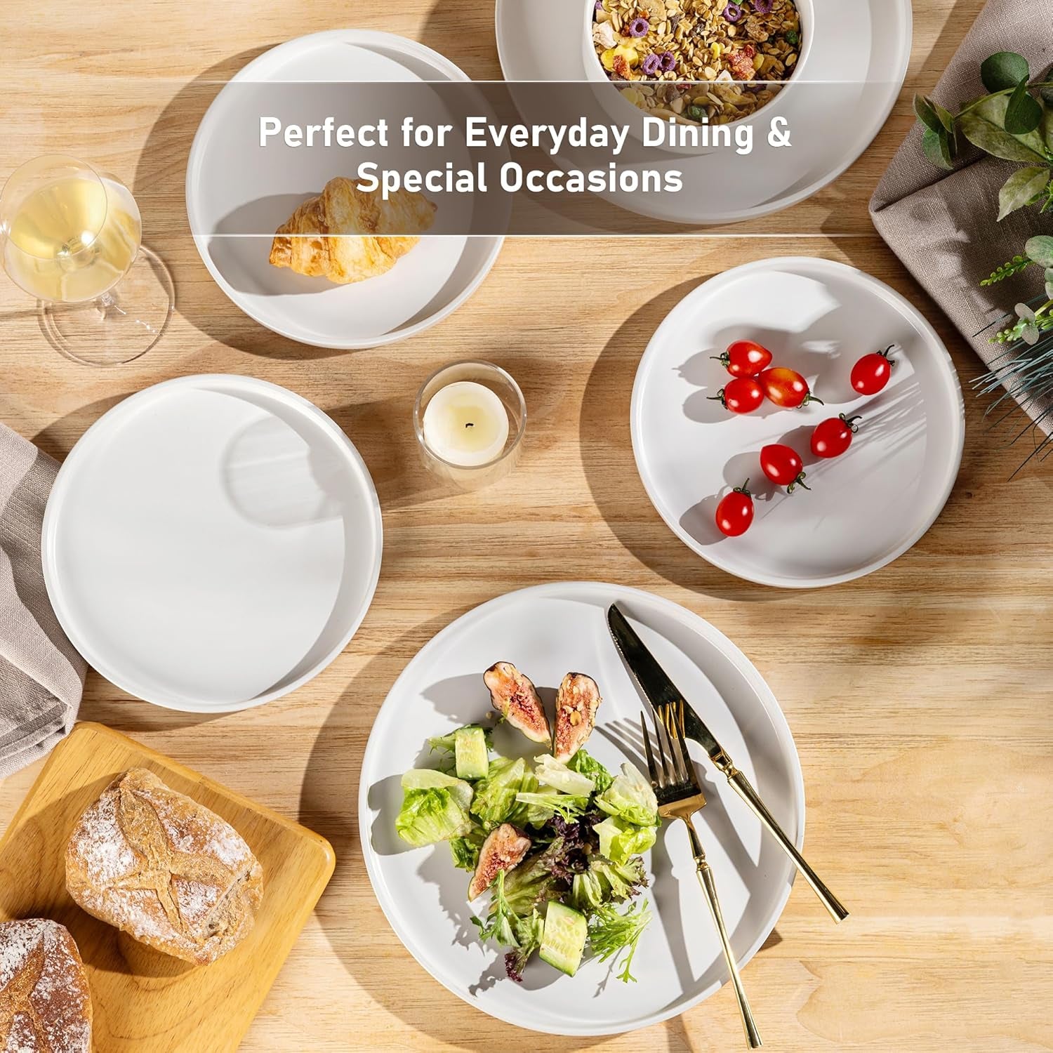 Ceramic Dinnerware Set for Four - Stoneware Plates and Bowls, Chip and Scratch Resistant, Dishwasher, Microwave, and Oven Safe, Reactive Glaze in White