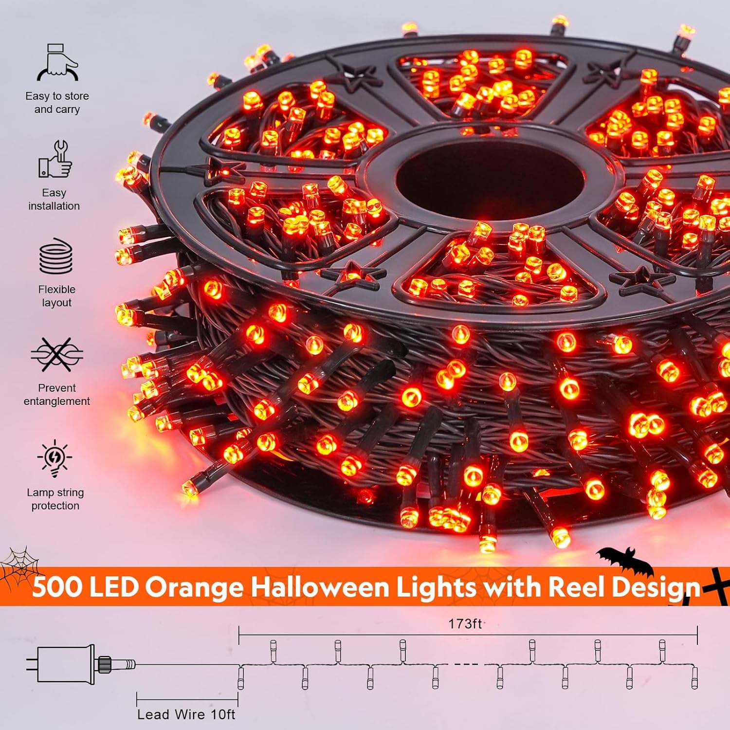 500 LED Orange Halloween Lights Outdoor, 173Ft Halloween String Lights Plug In, Waterproof 8 Modes Orange LED Light for Party House Tree Fall Thanksgiving Decorations
