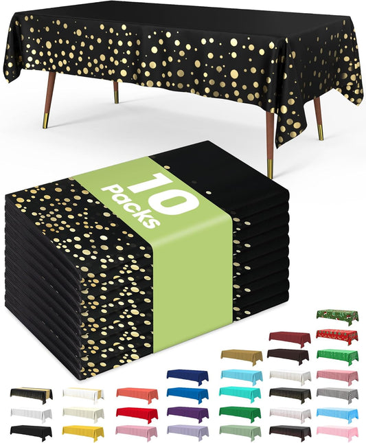 Plastic Table Cloth Disposable 10 Pack, 54 X 108 Inch Table Cloths, Graduation Decorations Class of 2025, Graduation Tablecloths, Rectangle, Plastic Cover, Leakproof & Sturdy, Black and Gold